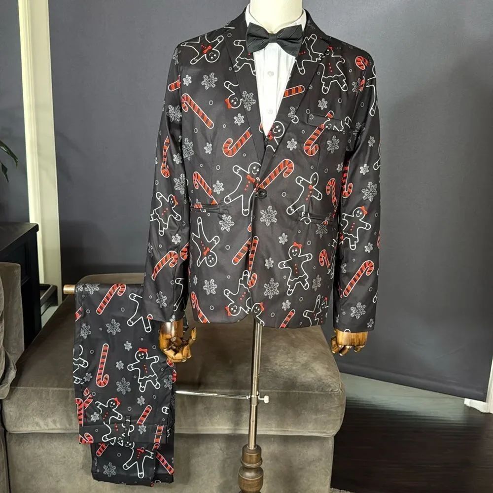 Festive Men’s Black & Red 3 Piece Suit Christmas Themed Size M 36 Jacket 32 Pant